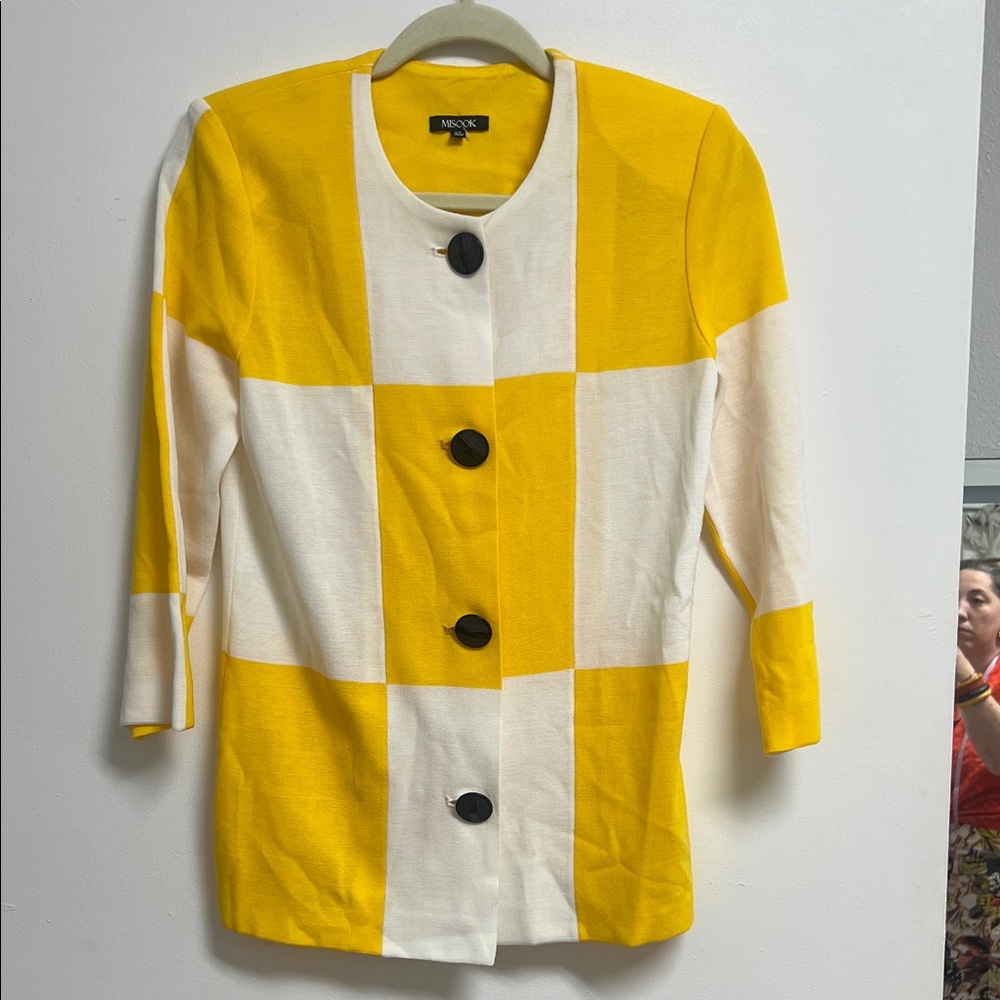 Misook Knit Yellow & White Checkered Button-Front Sample NWT Jacket Top XS